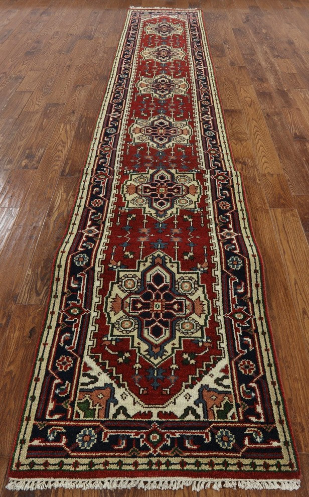Traditional Red & Black 3'x20' Heriz Serapi Runner Hand Knotted Wool Rug H9283