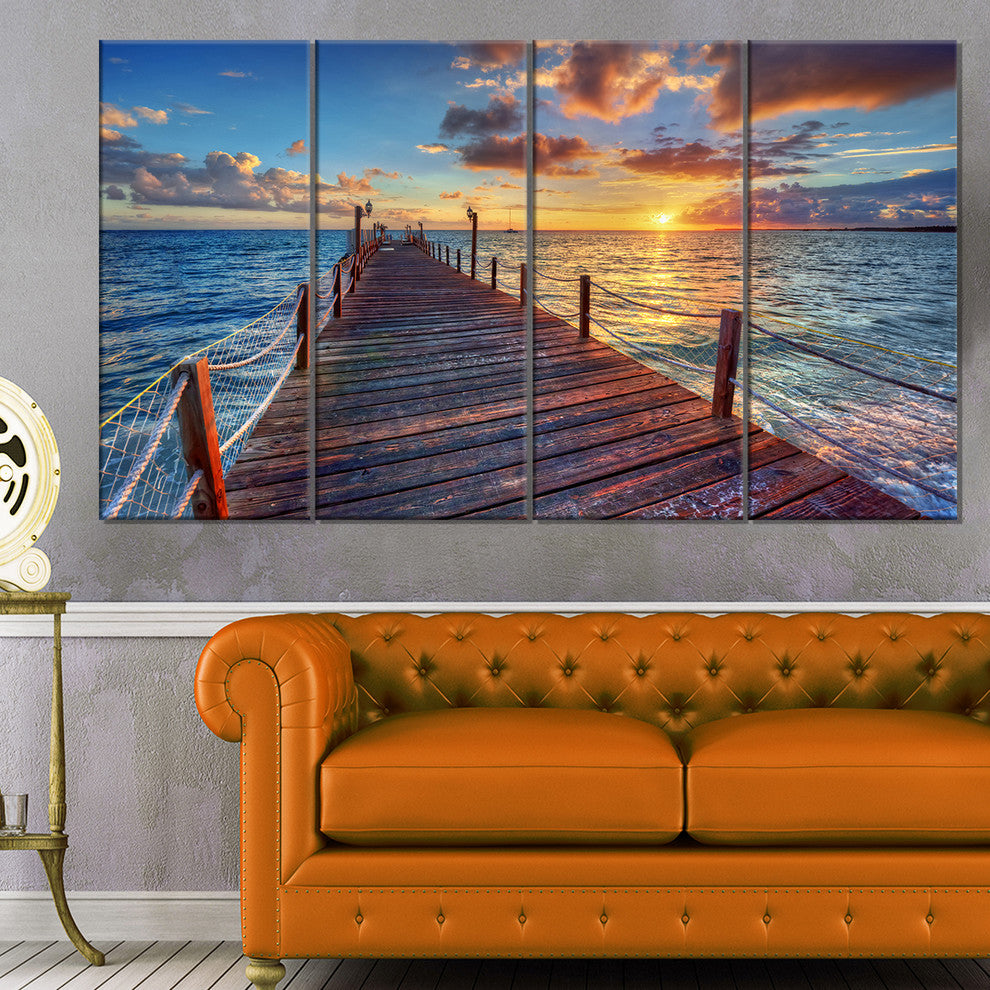 Beautiful Sunset over Sea Pier, Modern Canvas Art Print, 48"x28", 4 Panels