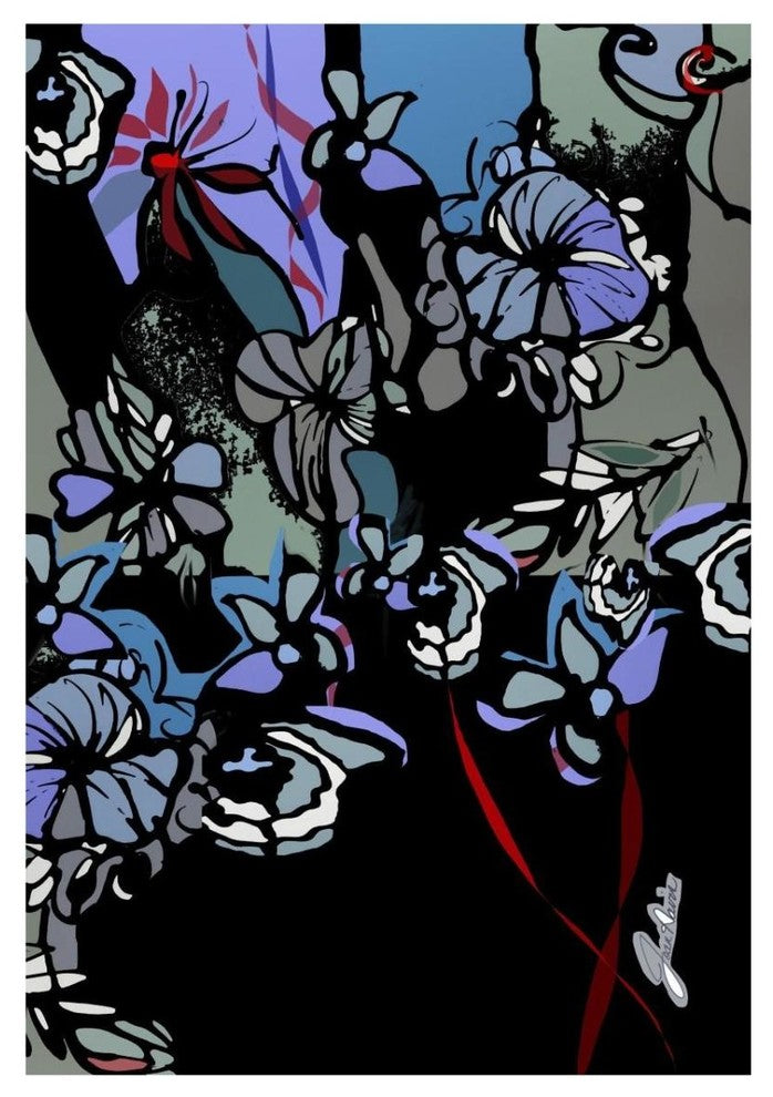 "Stained Glass Garden with Redribbons" Paper Print by Joan Elan Davis, 22"x32"