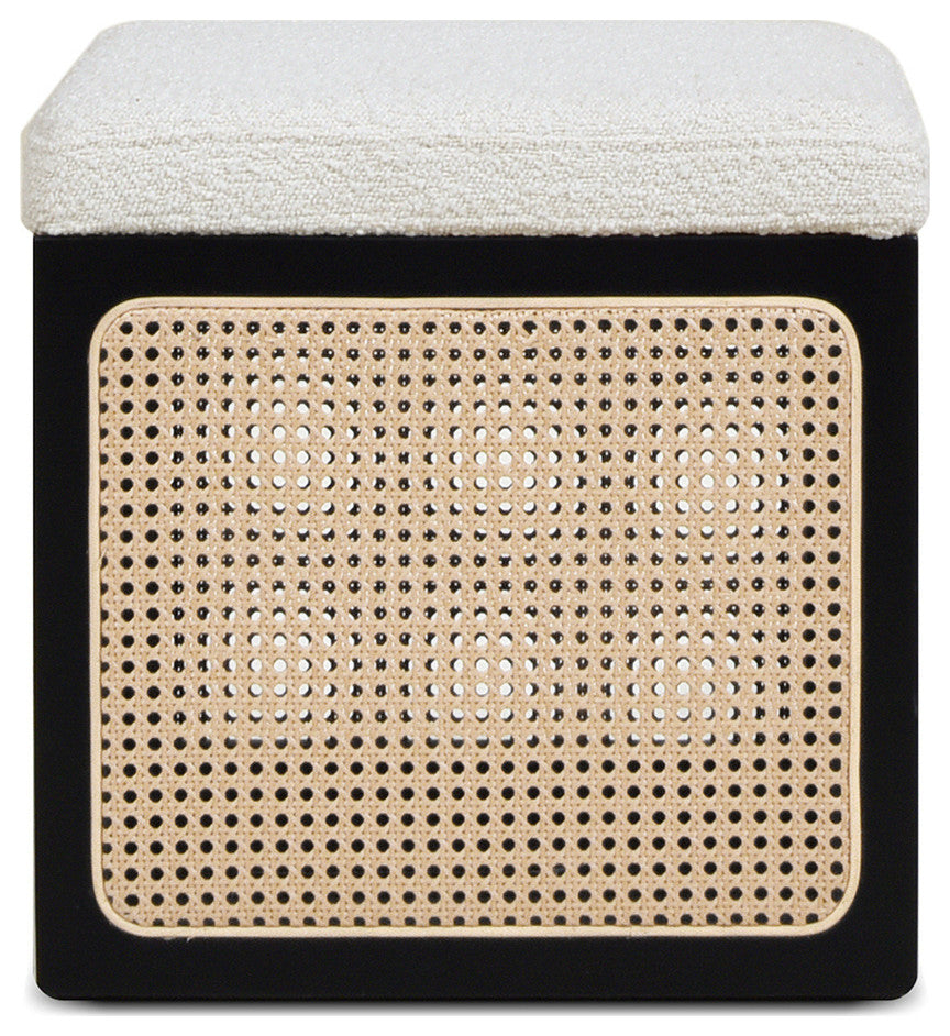 Nina 18" Cane Webbing Cube Ottoman, Ivory White