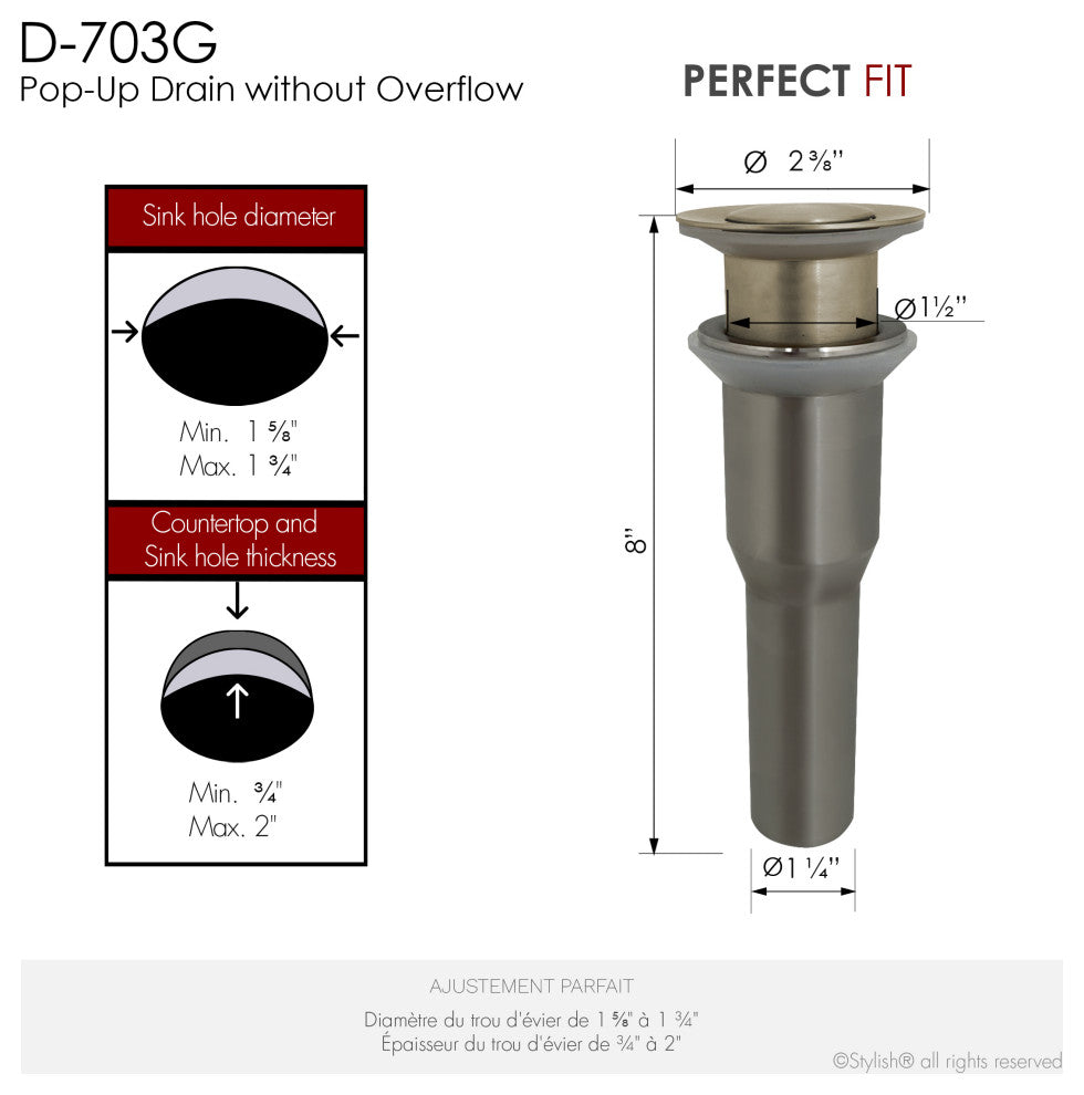 STYLISH Brushed Gold Standard Pop-Up Vessel Sink Drain with Overflow D-703G