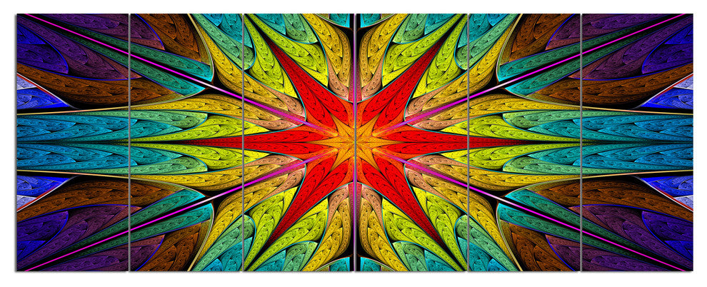 Stained Glass with Bright Red Star, Abstract Wall Art Canvas, 70"x28", 6 Panels