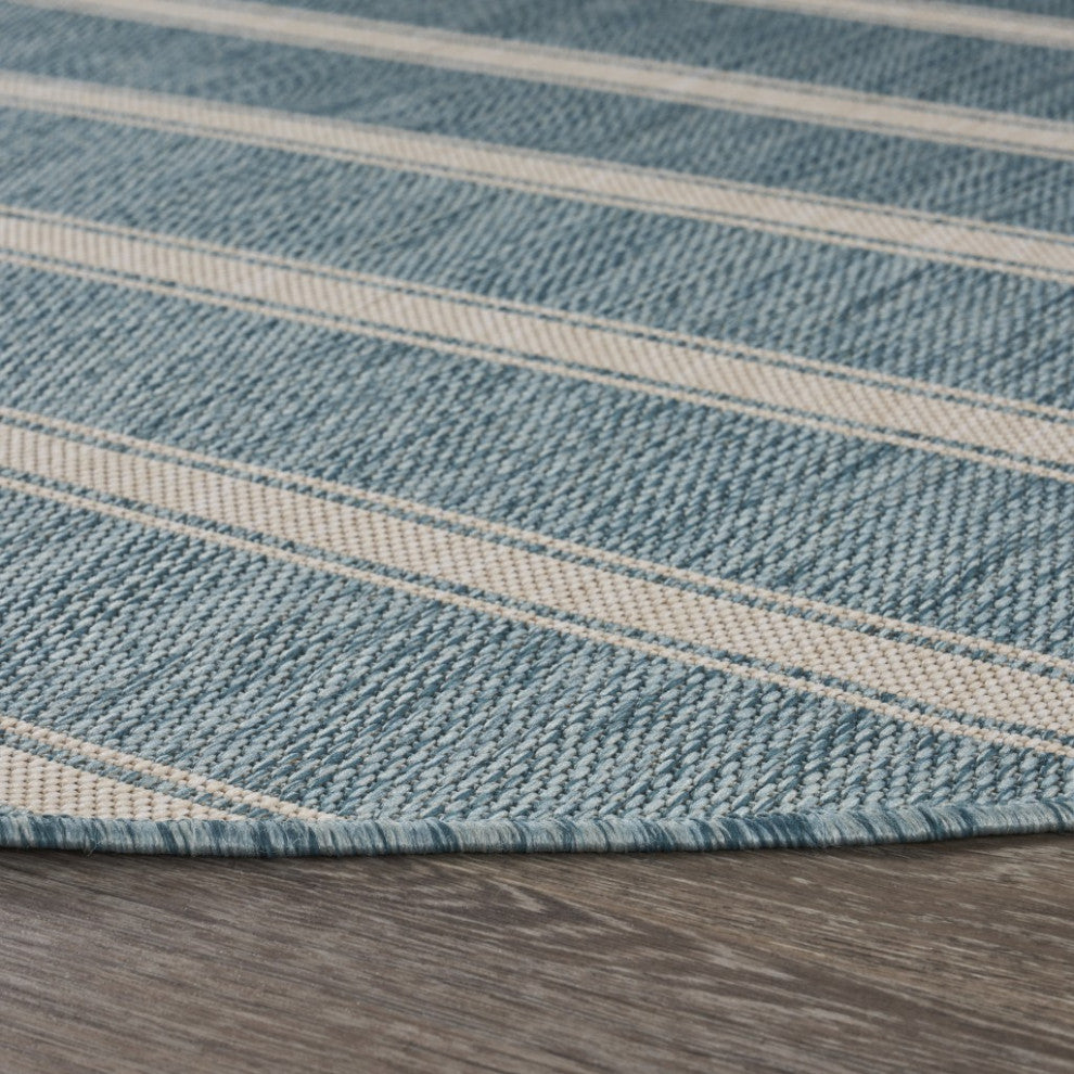 8" Round Teal Striped Indoor Outdoor Area Rug