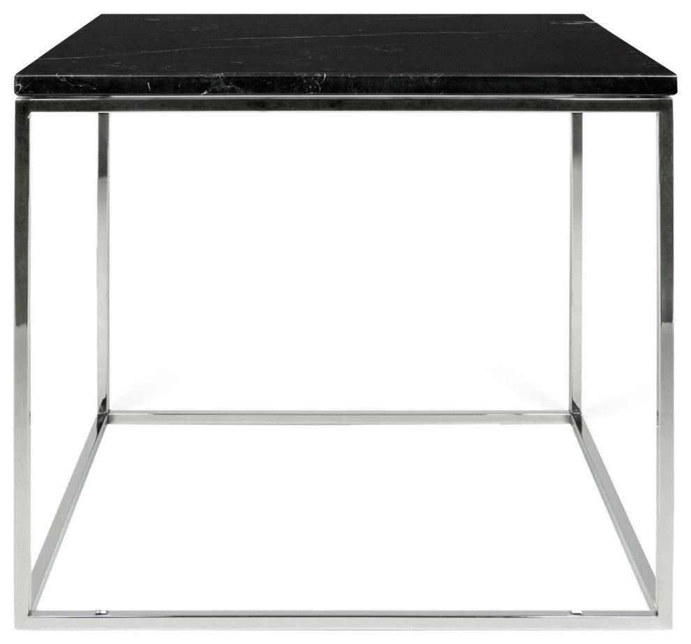 Minimal Modern Cube Marble Top Side Table, Black Marble/Chrome