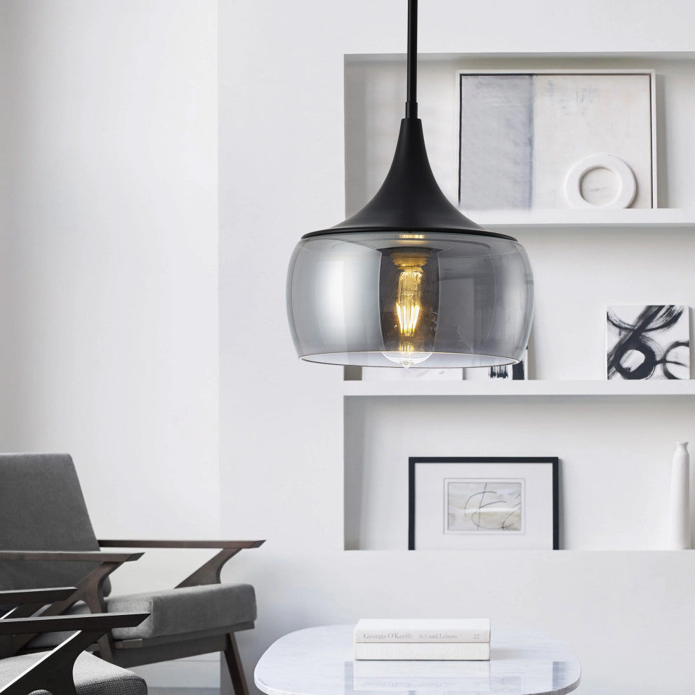 Matte Black 1-Light Pendant Light with Smoke Grey Glass Shade