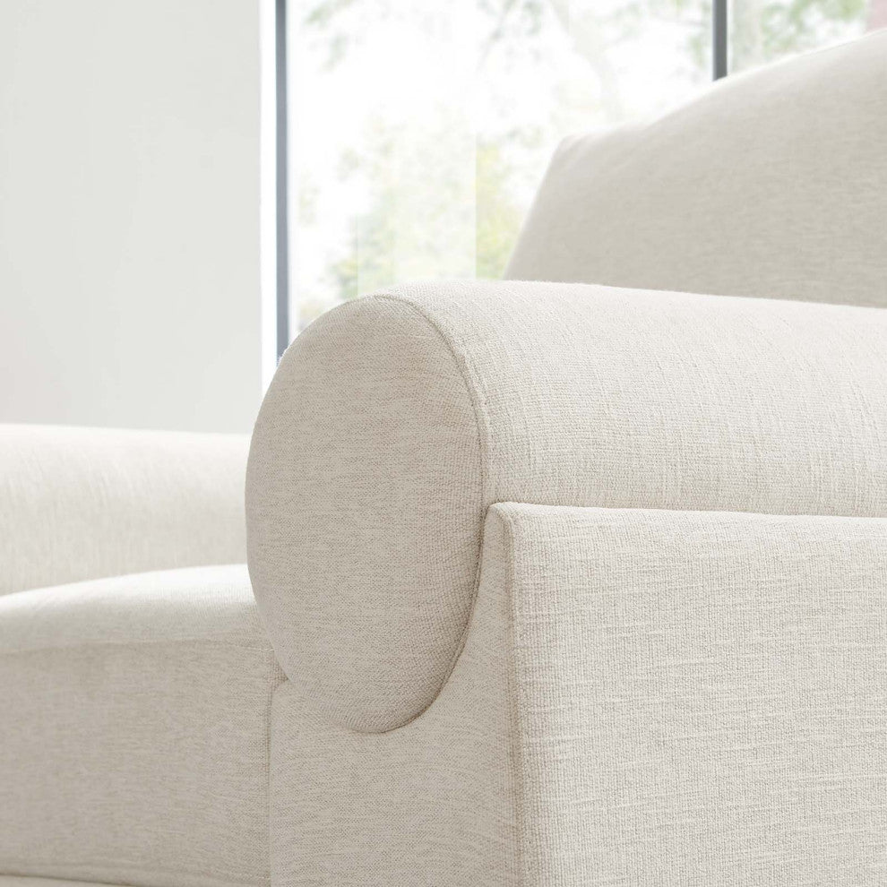 Modern Fabric Armchair with Wooden Plinth Base, Bolster Chair, Ivory