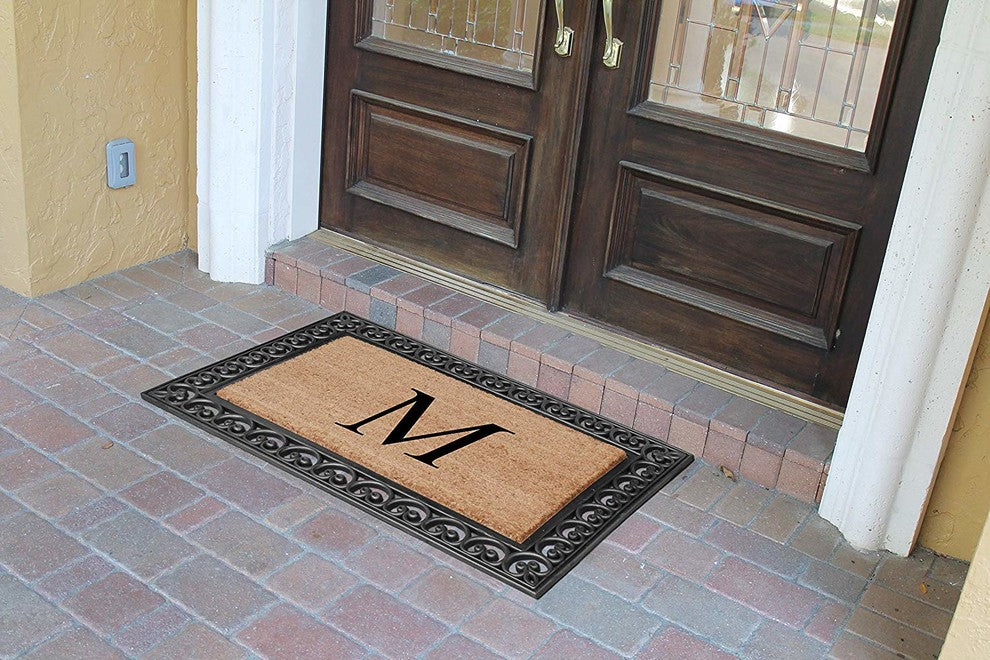 A1HC Black Rubber and Coir Paisley Border Monogrammed Double Doormat, 30"X48", M