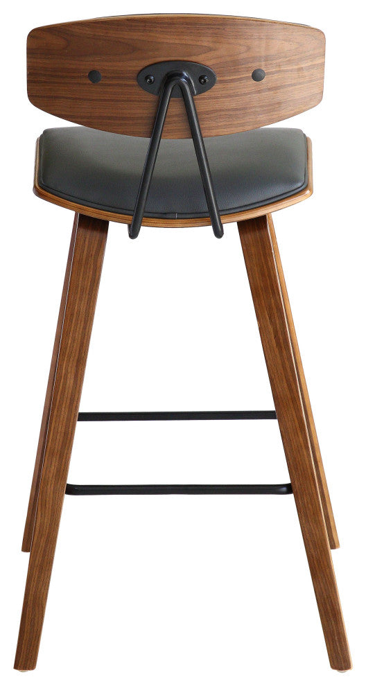 Fox 30" Mid-Century Bar Height Barstool in Gray Faux Leather With Walnut Wood