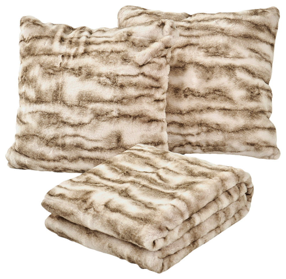 Raccoon Faux Fur Throw Blanket With 2 Pillows, Taupe, 50"x60"