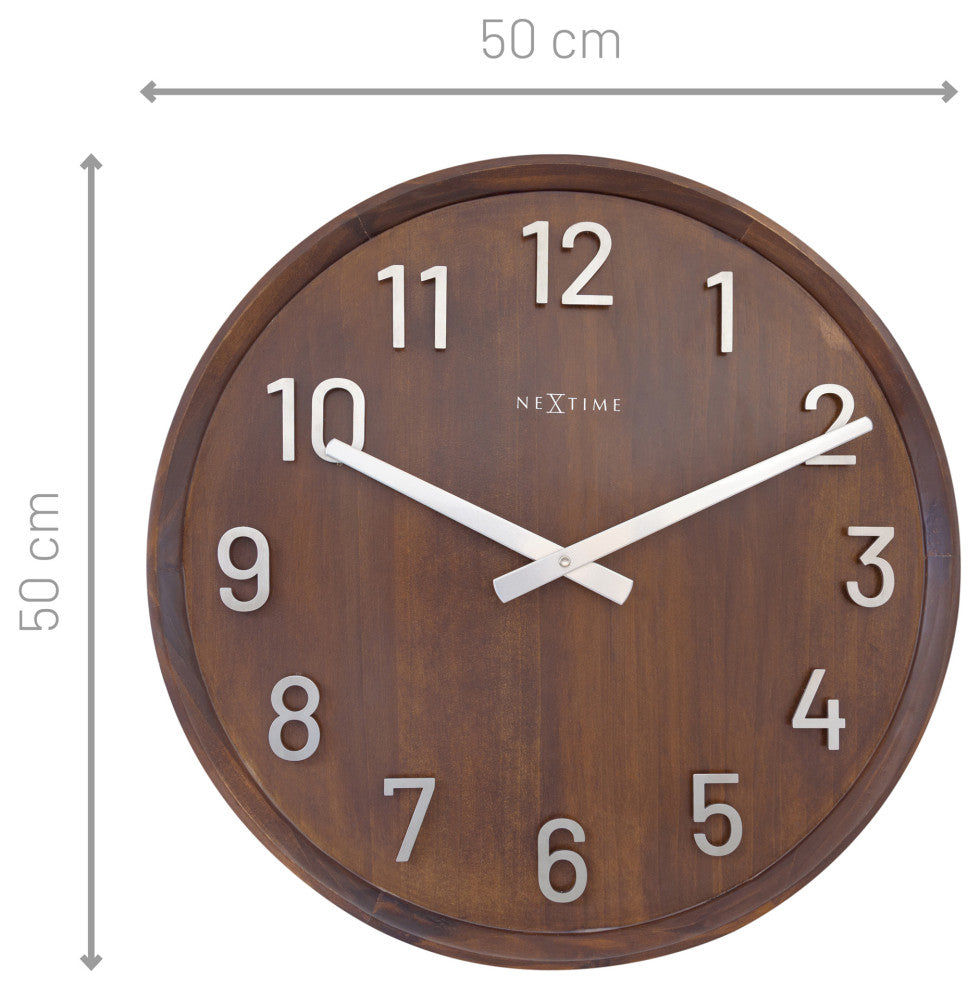 Precious 20" Wooden Wall Clock With Raised Metal Numbers, Brown