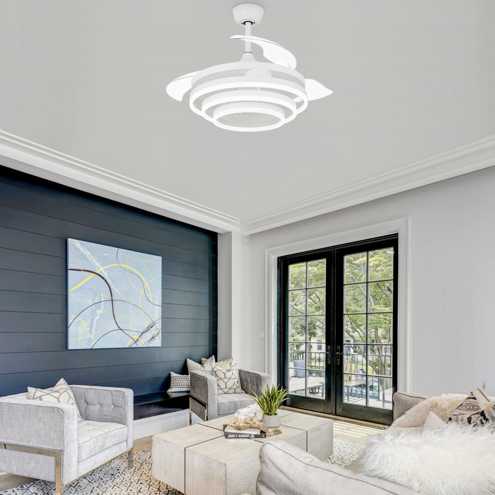 45W Modern Retractable Ceiling Fan Reversible 6-Speed with Remote Control, White, 42