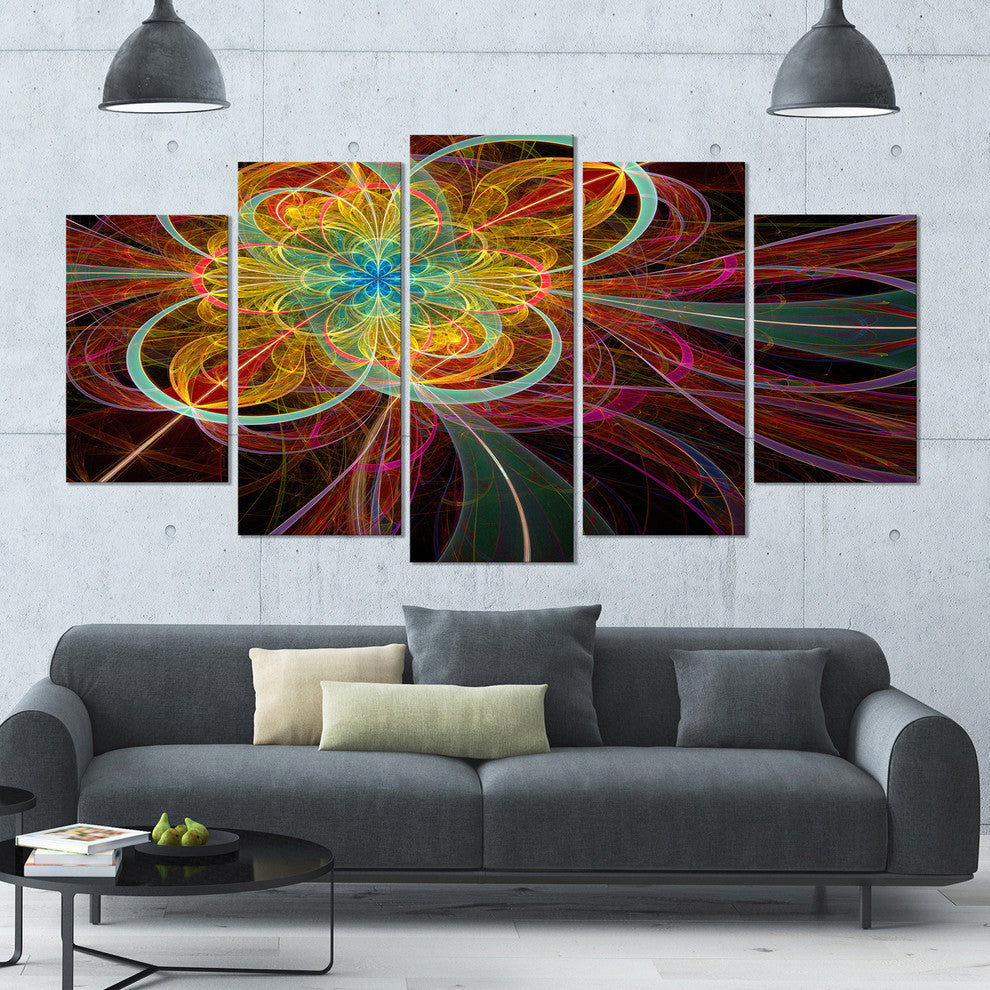Colorful Red Fractal Flower, Contemporary Canvas Art Print, 60"x32", 5 Panels