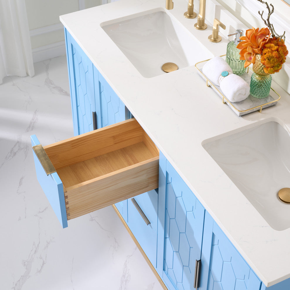 Alison Freestanding Bathroom Vanity with Italian Carrara White Marble Top, Light Blue, 60"