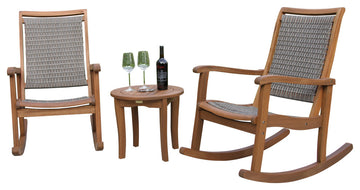 3-Piece Eucalyptus/Driftwood Gray Wicker Rocking Chair Set, Round Accent Table