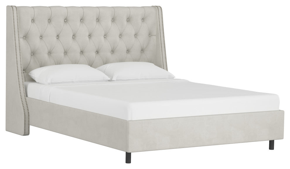 Williams Twin Nail Button Wingback Platform Bed, Velvet Light Gray
