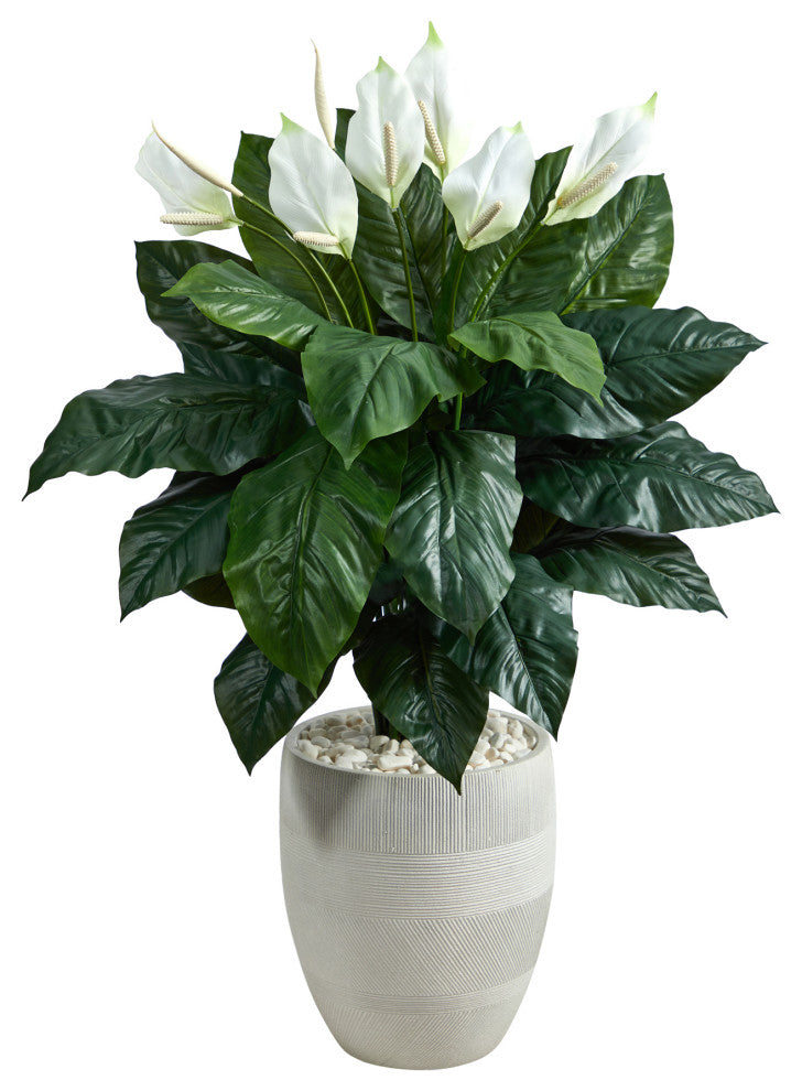 4' Spathiphyllum Artificial Plant, White Designer Planter