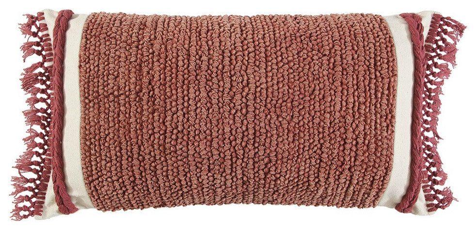 Rust Braided Stripe Macrame Fringe Lumbar Pillow