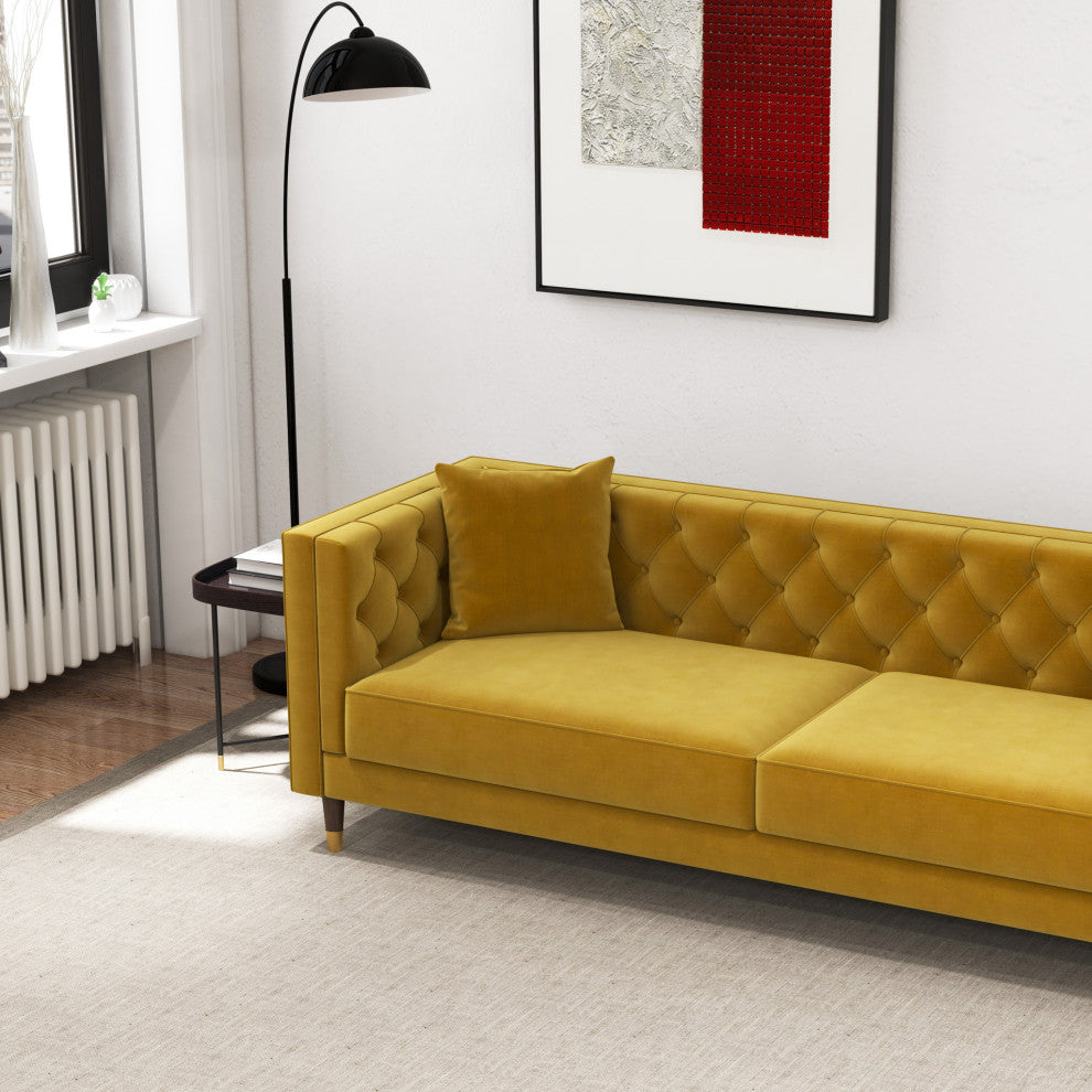 Lewis Mid-Century Modern Luxury Tufted Velvet Sofa, Mustard Yellow