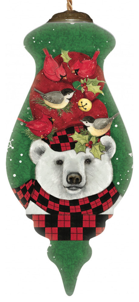 Christmas Plaid Polar Bear Hand Painted Mouth Blown Glass Ornament