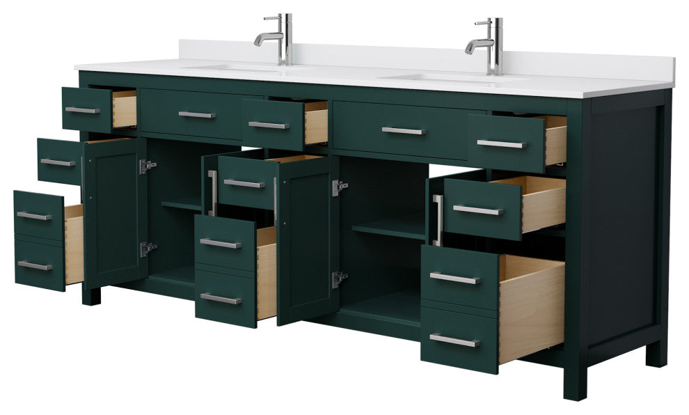 84"DBL Bathroom Vanity Green, White Cult. Marble Countertop, Sinks, Nickel Trim