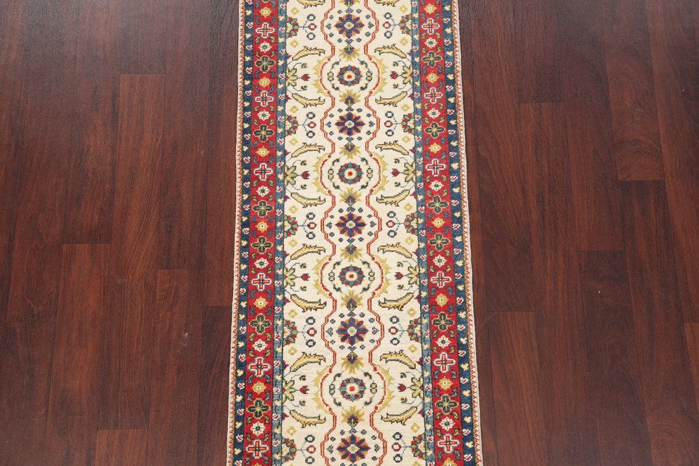 Pakistani Traditional Hand-Knotted Kazak Oriental Runner Rug, Beige, 6'0"X2'1"