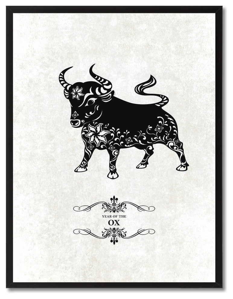 Ox Chinese Zodiac White Print on Canvas with Picture Frame, 22"x29"