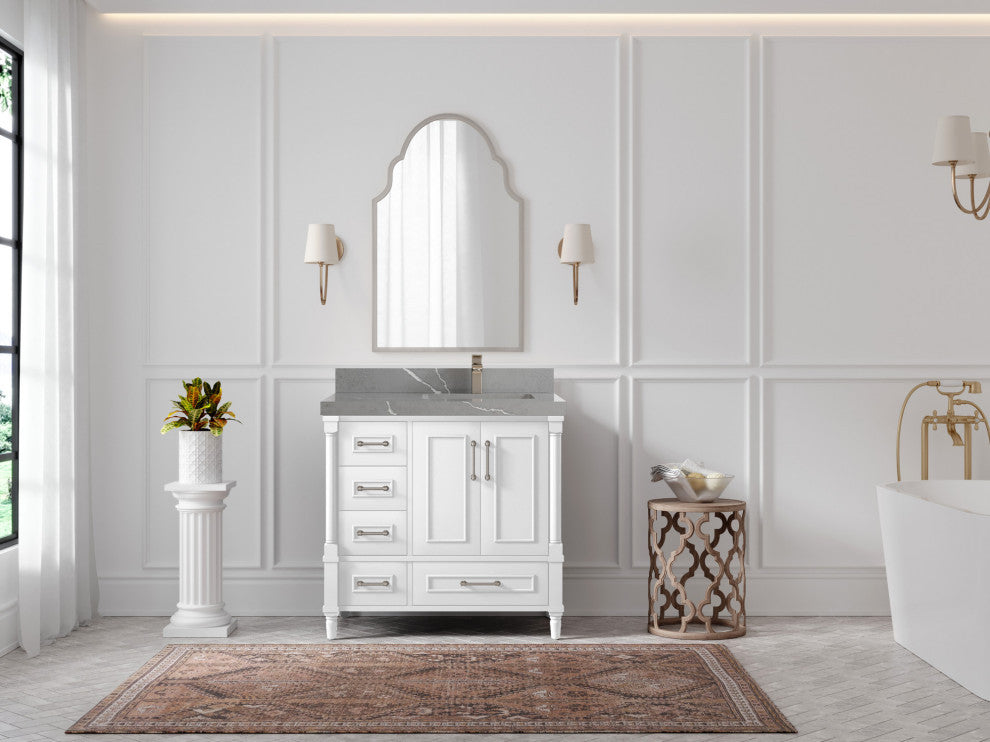Aberdeen 36 Right Offset Bath Vanity in White 2" Piatra Gray