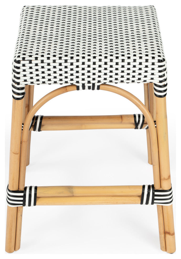 Robias Rectangular Rattan 24.5" Counter Stool, Black and White