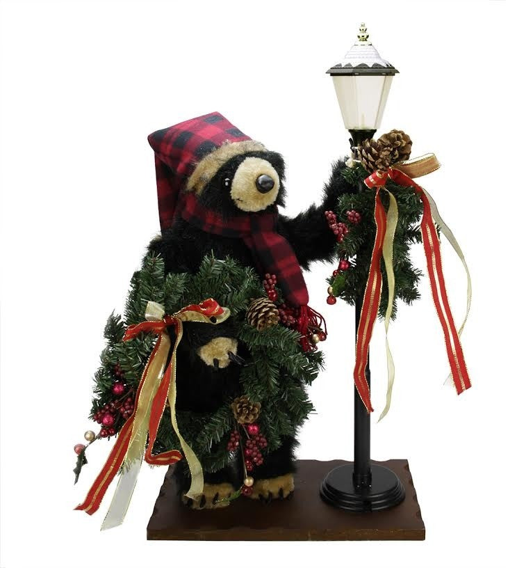 Woodland, Inspired Bear With Lantern Christmas Figure on Wooden, Black, 30"