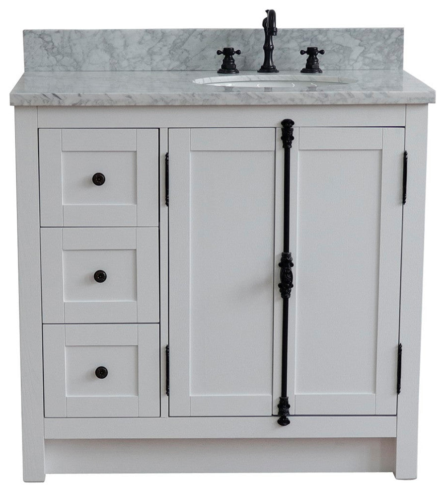 37" Vanity, Glacier Ash, White Carrara Top, Right Doors/Right Oval Sink