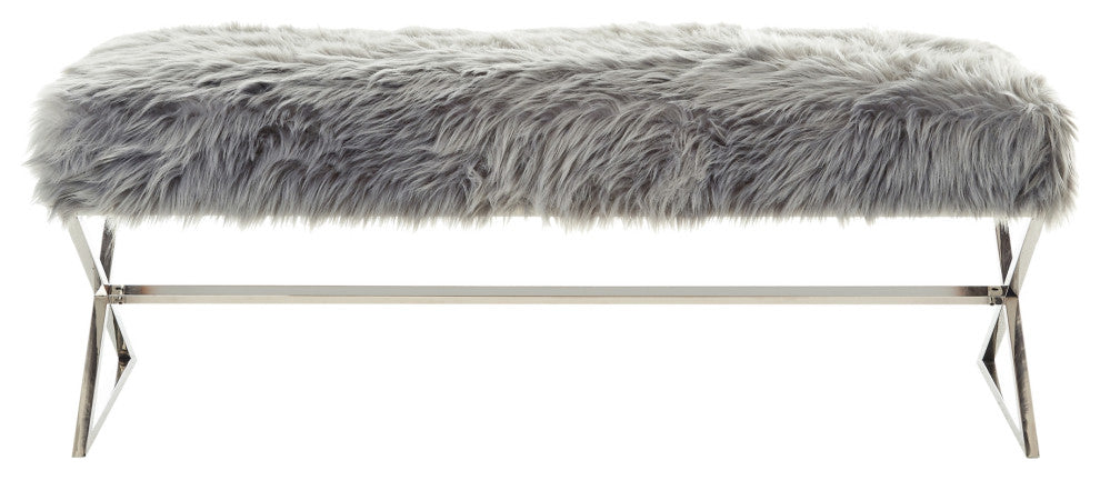 Oria Faux Fur X-Leg Base Bench, Gray and Chrome