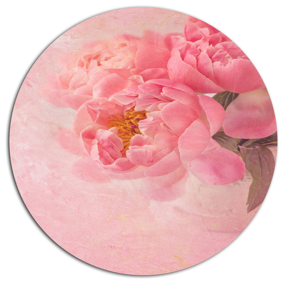 Peony Flowers On Pink Background, Floral Round Metal Wall Art, 23"