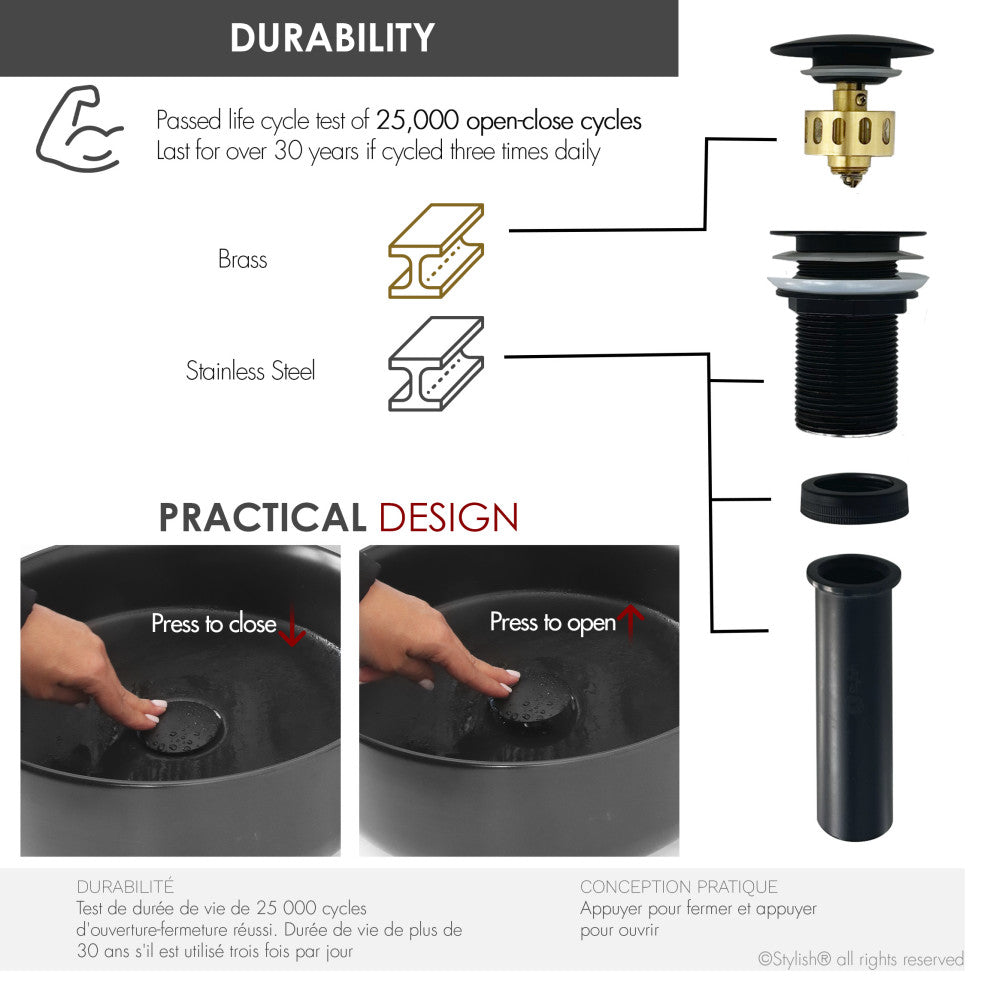 STYLISH Matte Black Pop-Up Bathroom Sink Drain without Overflow