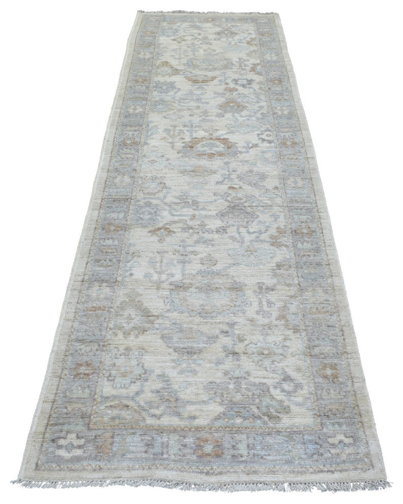 Ivory, Hand Knotted Angora Ushak, Afghan Wool Runner Rug, 3'0"x10'0"