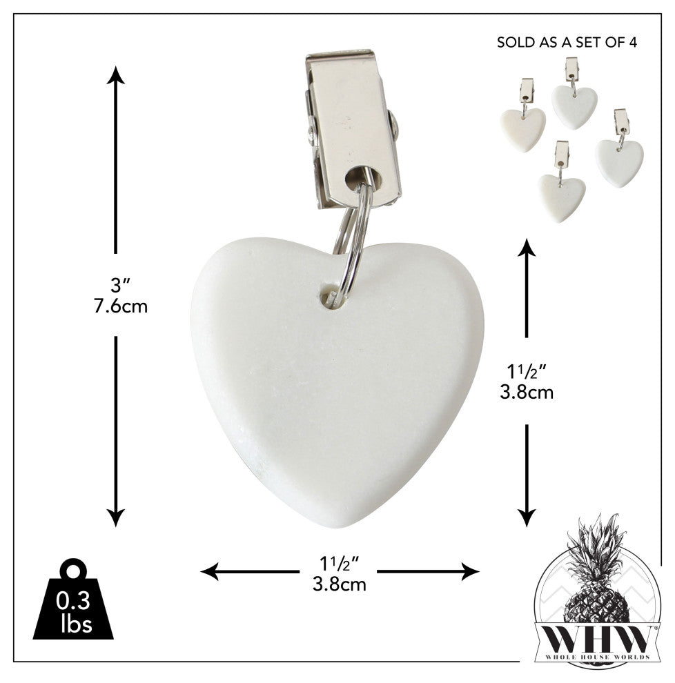 Natural Stone Hearts Table Cloth Weights on Clip Hangers, White, Set of 4