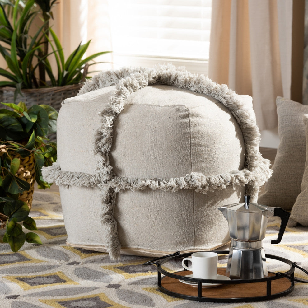 Beautiful Moroccan Inspired Grey Handwoven Cotton Fringe Pouf Ottoman