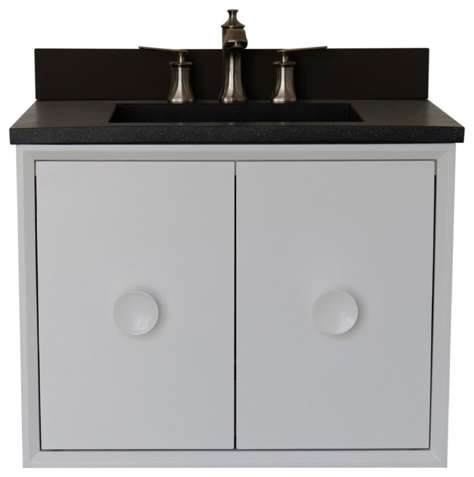 31" Single Vanity, White Finish With Black Concrete Top And Rectangle Sink
