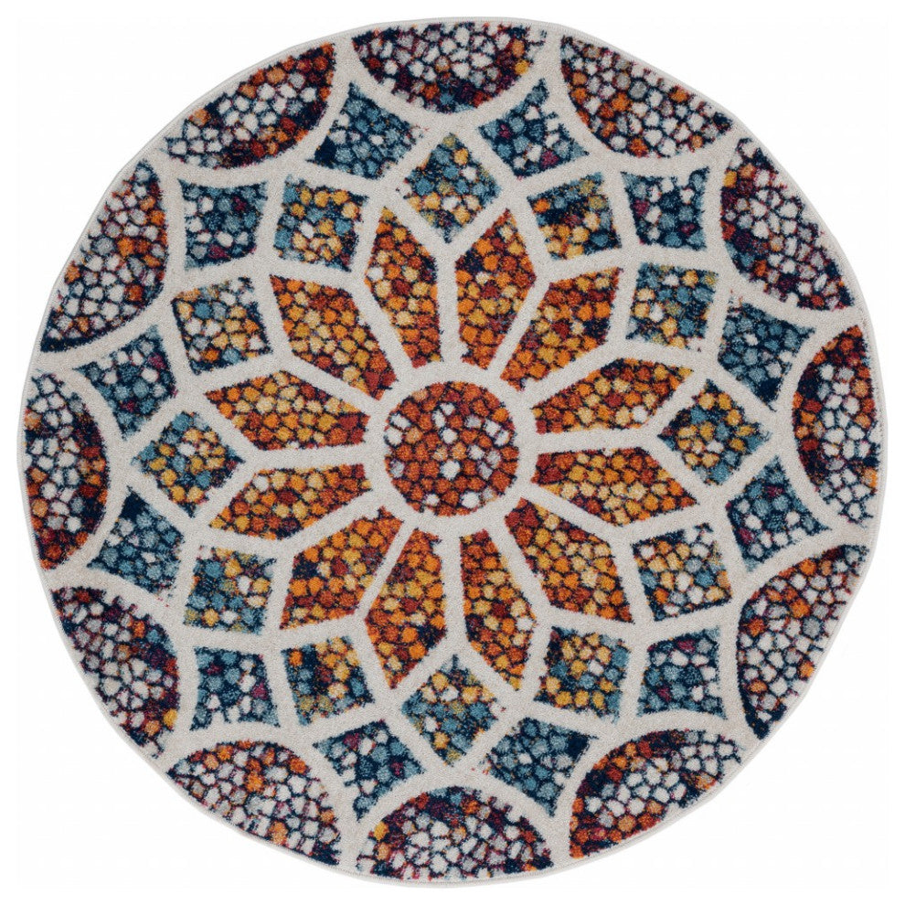 4' Round Multicolored Floral Mosaic Area Rug