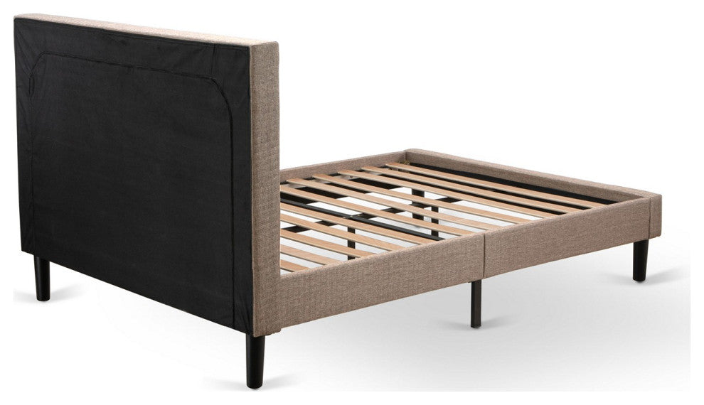 3Pc Bed Set, 1 Platform Bed Frame Dark Khaki Padded, 2 Nightstands, Black Legs