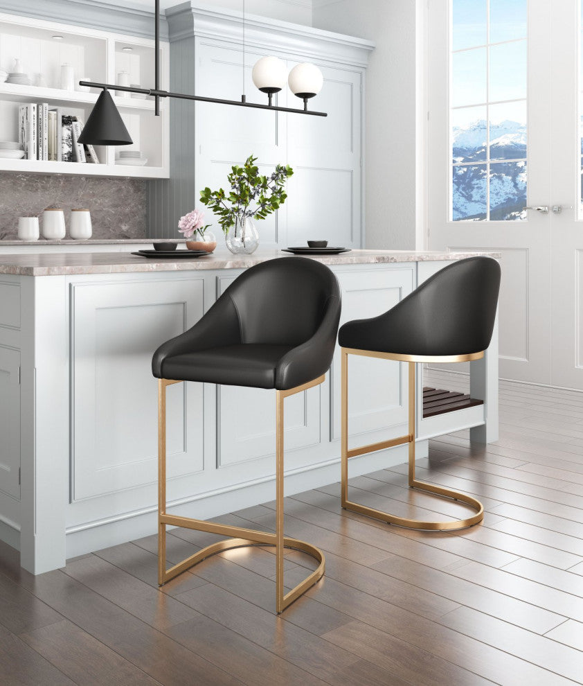 Counter Stool Chair, Faux Vinyl Leather, Steel, Black, Gold, Cafe Bistro