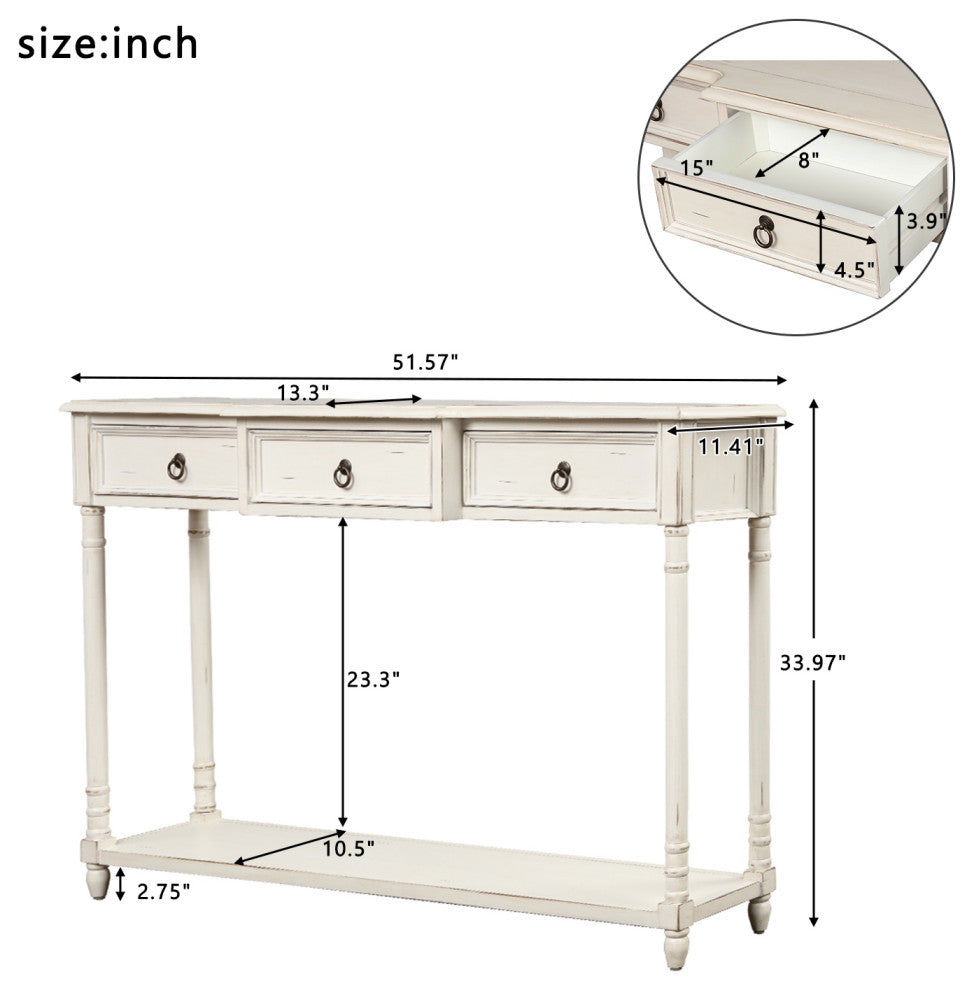 TATEUS 51inch Rustic Chic Console Table With Drawers for Living Room, Antique White