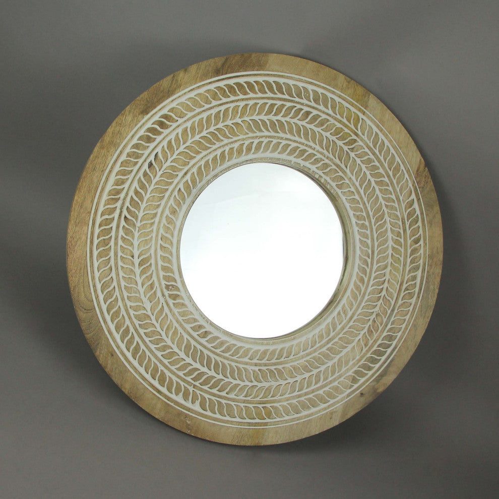 Carved Wooden Frame Round Wall Mirror 23.5 Inch Diameter Hand Painted Accents