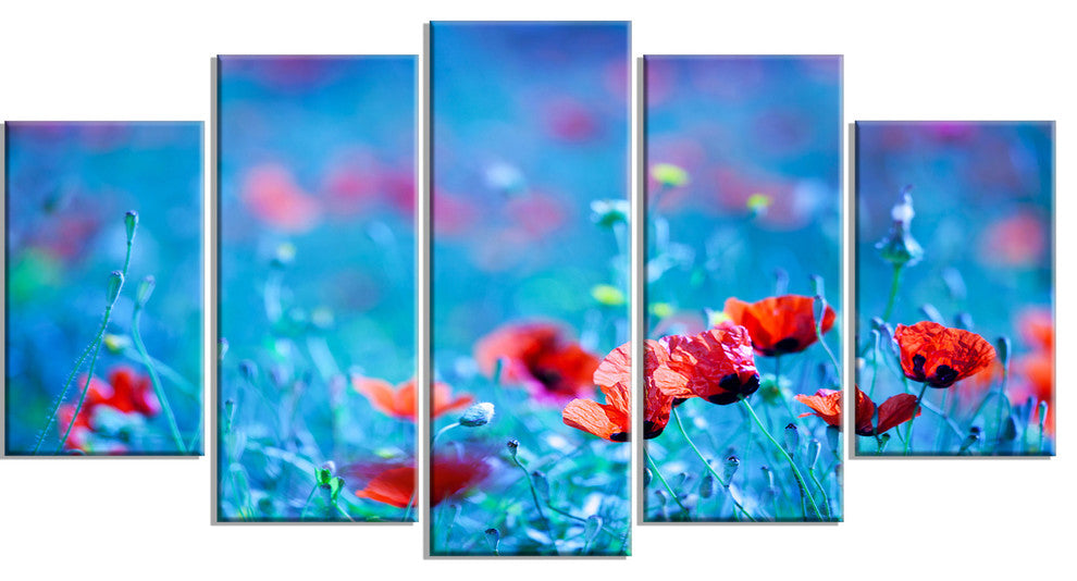 Poppy Flowers Field At Night, Floral Canvas Art Print, 60"x32", 5 Panels