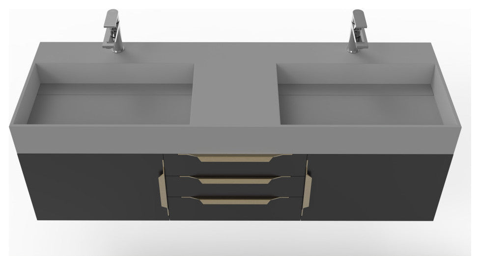 CastelloUSA Amazon 60" Wall Mounted Vanity Set, Black, Gray Top, Gold Handles