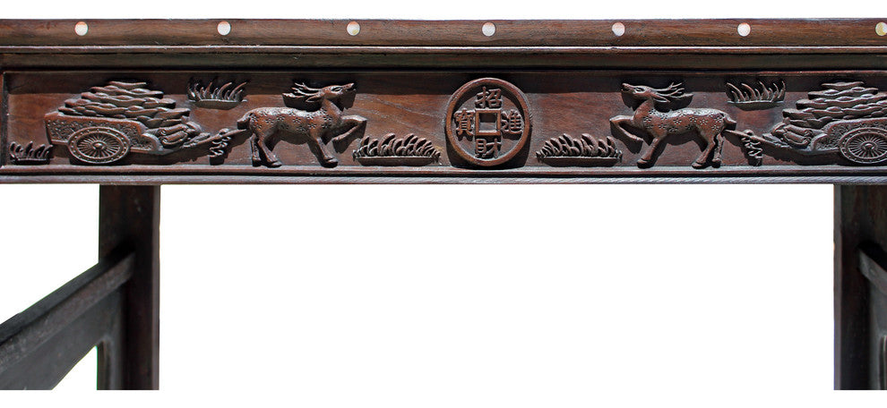 Chinese Brown Huali Rosewood Scroll Inlay Deer Fortune Motif Altar Table Hcs4227