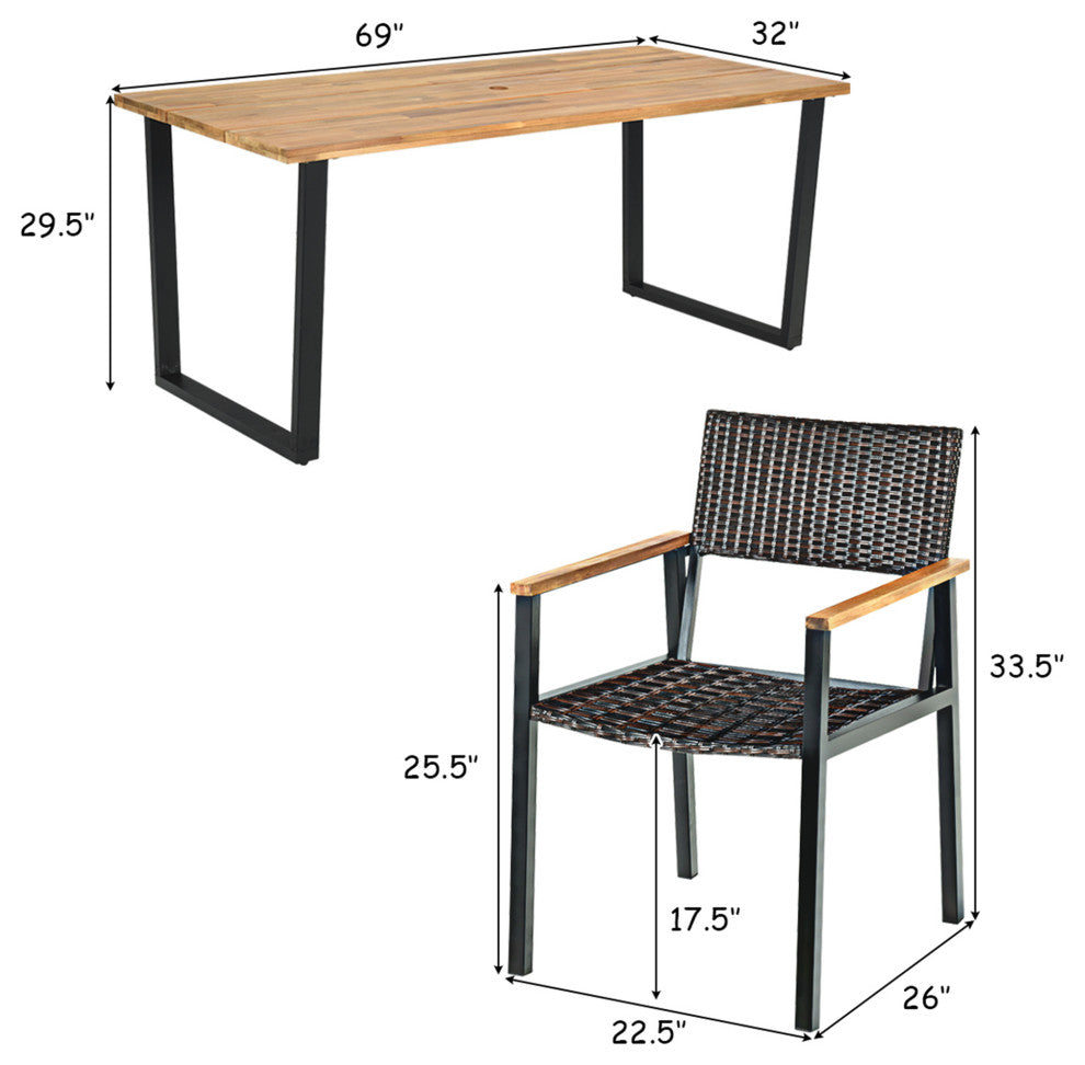 Costway 7PCS Patio Rattan Patented Dining Chair Table Set W/ Umbrella Hole