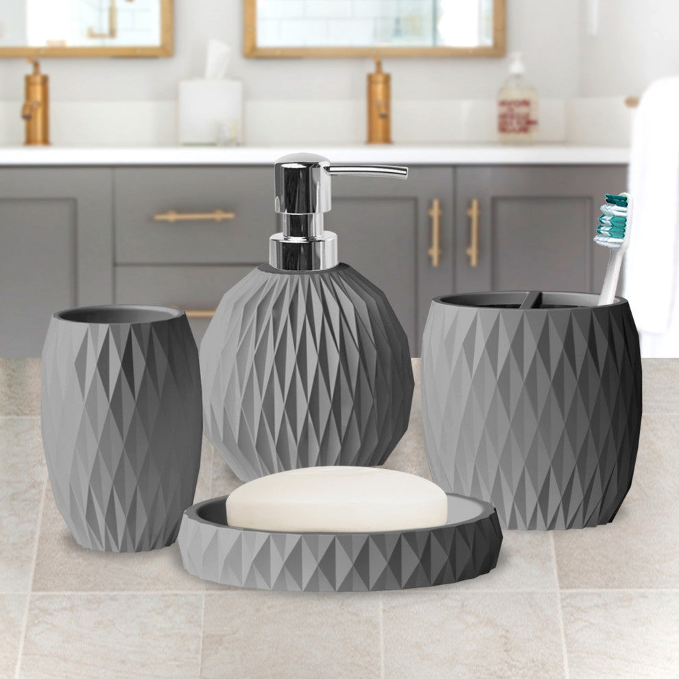 Resin Bath Accessory Set for Vanity Countertops 4 Piece Luxury Ensemble, Grey