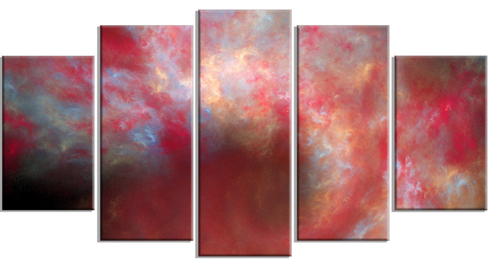 Red Starry Fractal Sky, Contemporary Canvas Art Print, 60"x32", 5 Panels