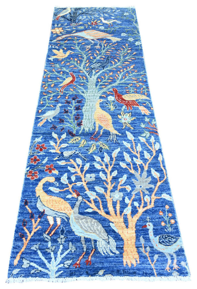 Egyptian Blue Afghan Peshawar Wool Hand Knotted Runner Oriental Rug, 2'6"x7'8"