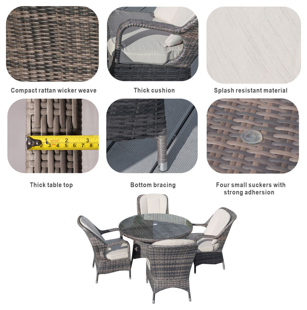 5-Piece Patio Wicker Round Table Dining Set with 4 Cushioned Armchairs